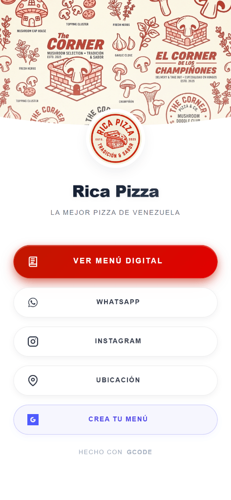 Rica Pizza en Gcode: página de enlaces y menú digital